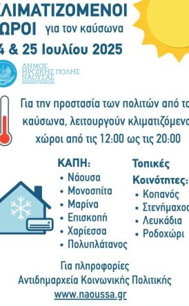 Διαθέσιμοι κλιματιζόμενοι χώροι στον Δήμο Νάουσας για την προστασία των πολιτών από τον καύσωνα