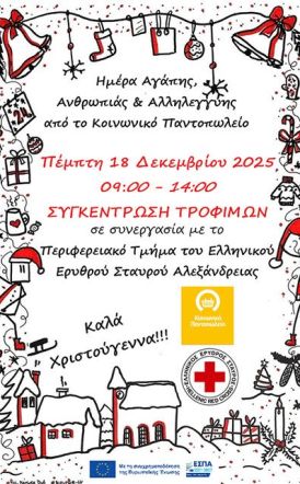 Την Πέμπτη 18 Δεκεμβρίου “Ημέρα Αγάπης, προσφοράς και Αλληλεγγύης – 2025” στα Σούπερ Μάρκετ της Αλεξάνδρειας