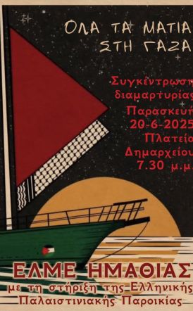 Την Παρασκευή 20 Ιουνίου ΕΛΜΕ Ημαθίας: Κάλεσμα για συμμετοχή στη συγκέντρωση για την Παλαιστίνη στην  Πλατεία Δημαρχείου Βέροιας