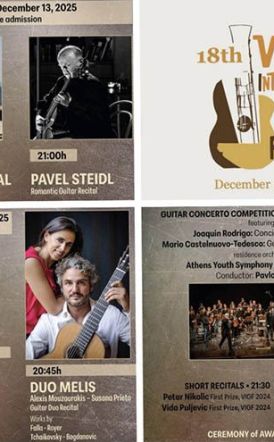 12, 13 και 14 Δεκεμβρίου 2025 18ο Διεθνές Φεστιβάλ Κιθάρας Βέροιας, σε Χώρο Τεχνών και Στέγη -Ρεσιτάλ από τον θρύλο της κλασικής κιθάρας Pavel Steidl, τον βραβευμένο  Adriano Del Sal και τους δημοφιλείς Duo Melis