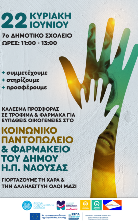 Γιορτή αλληλεγγύης για τις κοινωνικές δομές του Δήμου Νάουσας     Ανοιχτό κάλεσμα για συγκέντρωση ειδών πρώτης ανάγκης την Κυριακή 22 Ιουνίου