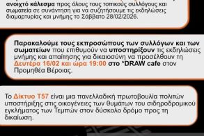 Δίκτυο T57 Βέροιας:  Κάλεσμα συλλόγων και τοπικών σωματείων για τον συντονισμό κοινών εκδηλώσεων μνήμης στα θύματα των Τεμπών