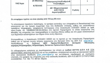 Πρόσληψη 12 ατόμων για την κάλυψη εποχικών αναγκών  της ΔΕΗ Α.Ε. για το Συγκρότημα Αλιάκμονα