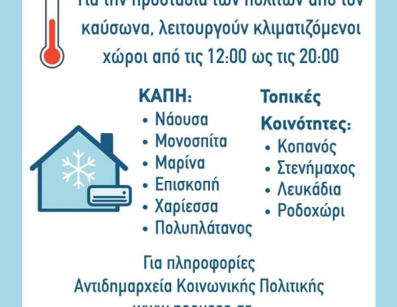 Διαθέσιμοι κλιματιζόμενοι χώροι στον Δήμο Νάουσας για την προστασία των πολιτών από τον καύσωνα