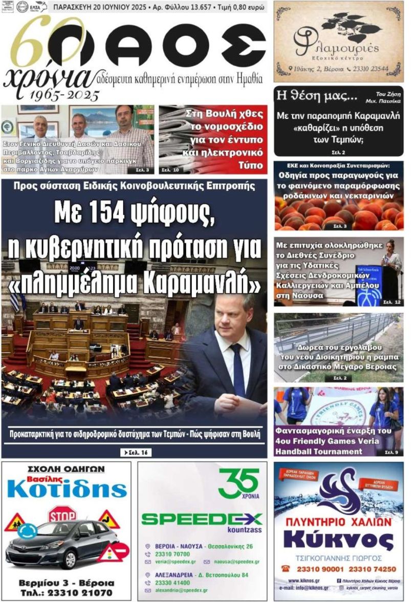 Πρωτοσέλιδο 20/6/2025