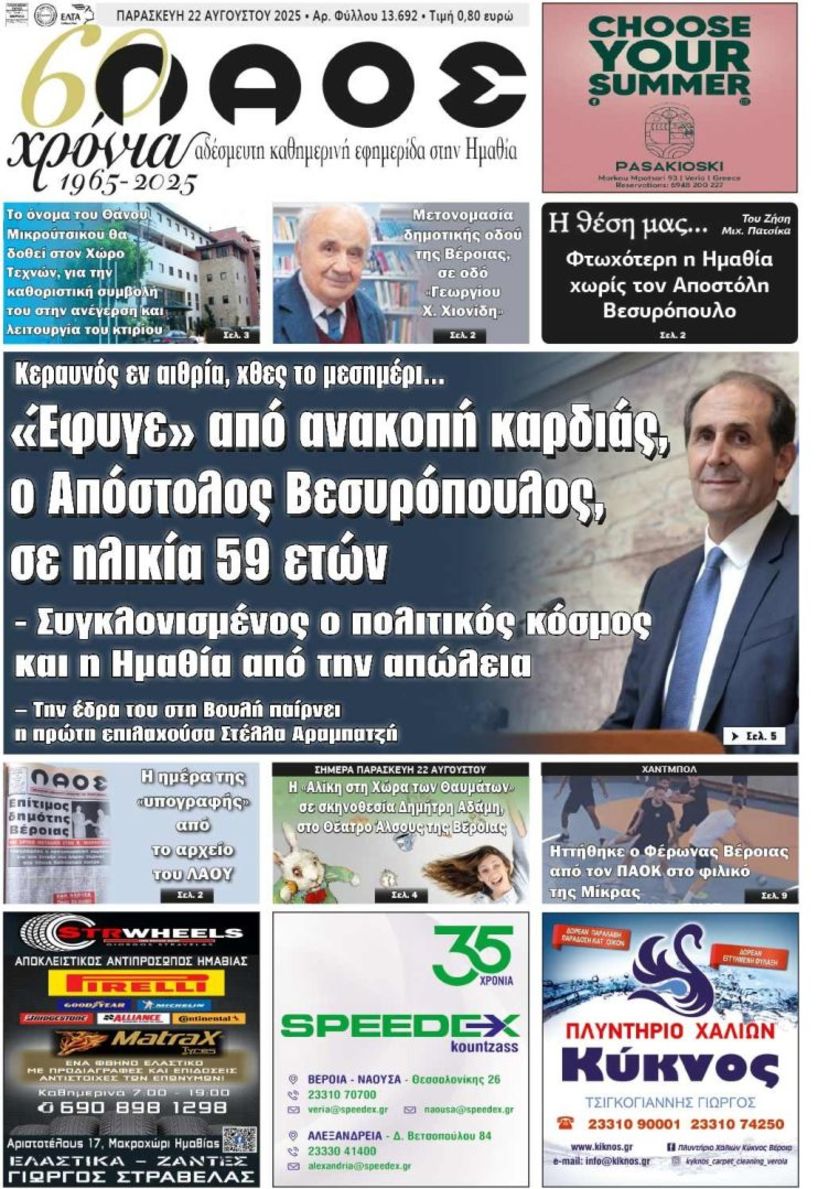 Πρωτοσέλιδο 22/8/2025