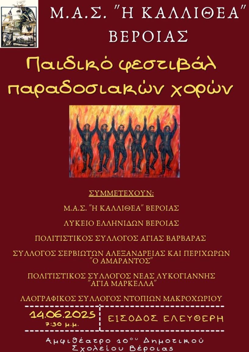Το Σάββατο 14 Ιουνίου: 1ο παιδικό φεστιβάλ παραδοσιακών χορών από τον ΜΑΣ «Η Καλλιθέα» Βέροιας
