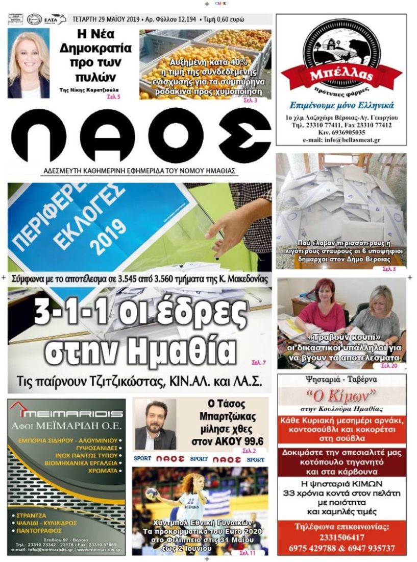 Πρωτοσέλιδο 29 ΜΑΪ. 2019