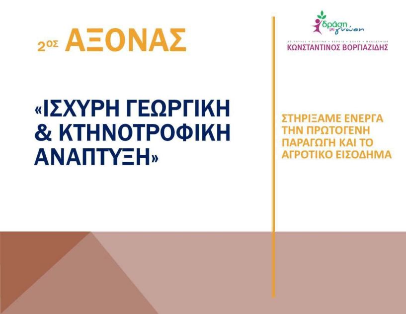 «Άξονας 2ος : Ισχυρή Γεωργική και Κτηνοτροφική Ανάπτυξη» -Στηρίζουμε ενεργά την πρωτογενή παραγωγή και το αγροτικό εισόδημα