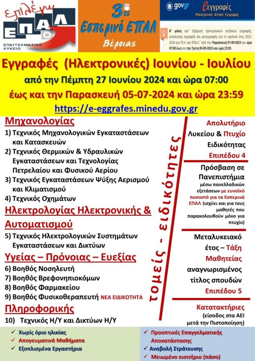 Ξεκινούν οι εγγραφές στο Εσπερινό ΕΠΑΛ Βέροιας