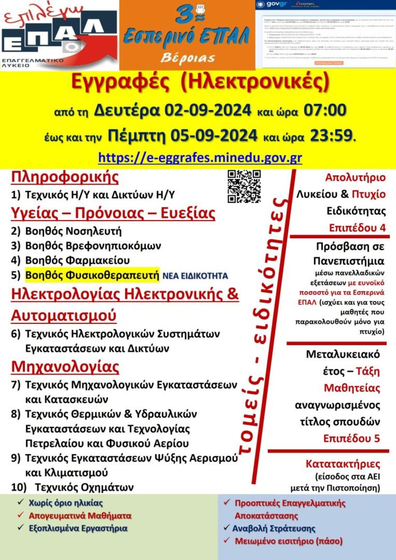 Ξεκίνησαν οι εγγραφές  στο Εσπερινό  ΕΠΑΛ Βέροιας