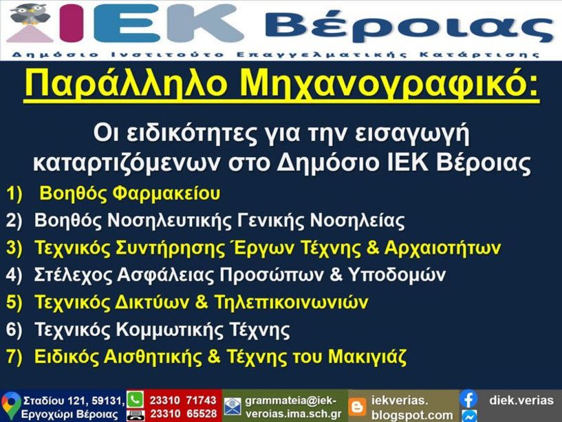 Ειδικότητες του ΙΕΚ Βέροιας στο Παράλληλο Μηχανογραφικό