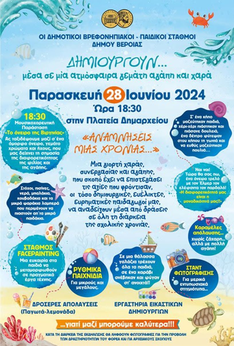 Την Παρασκευή 28 Ιουνίου η Καλοκαιρινή γιορτή των Δημοτικών Βρεφονηπιακών – Παιδικών Σταθμών Δήμου Βέροιας