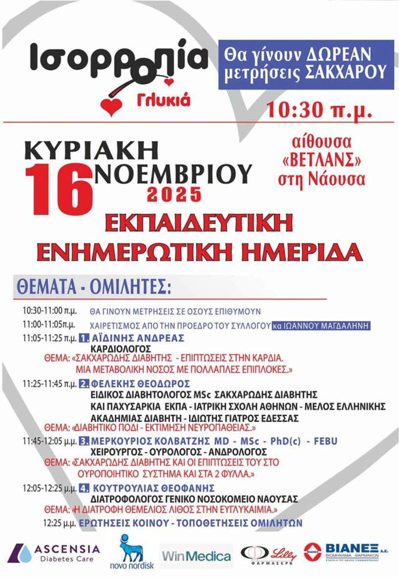 Την Κυριακή 16 Νοεμβρίου Ενημερωτική ημερίδα της «Γλυκιάς Ισορροπίας» στη Νάουσα