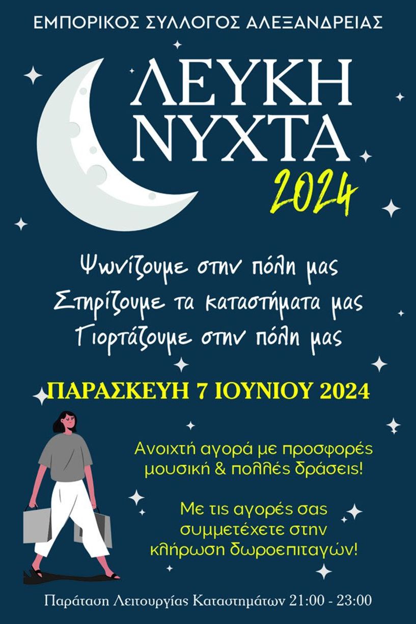 ΕΜΠΟΡΙΚΟΣ ΣΥΛΛΟΓΟΣ ΑΛΕΞΑΝΔΡΕΙΑΣ «Λευκή Νύχτα» την Παρασκευή 7 Ιουνίου  με  συμμετοχή των καταναλωτών 