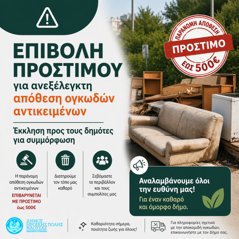 Επιβολή προστίμου για ανεξέλεγκτη απόθεση ογκωδών αντικειμένων  – Έκκληση του δήμου Νάουσας προς τους δημότες για συμμόρφωση