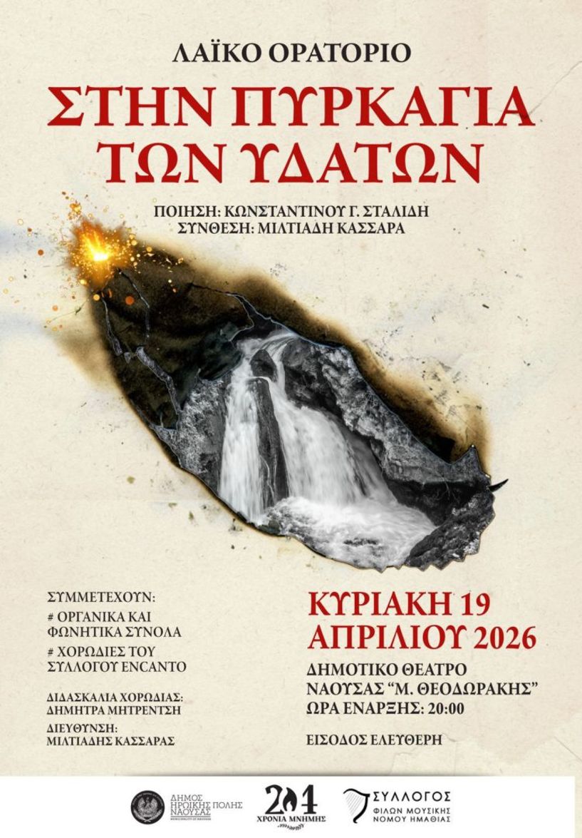 Την Κυριακή 19 Απριλίου Το λαϊκό ορατόριο «Στην Πυρκαγιά των Υδάτων», στο Δημοτικό Θέατρο Νάουσας