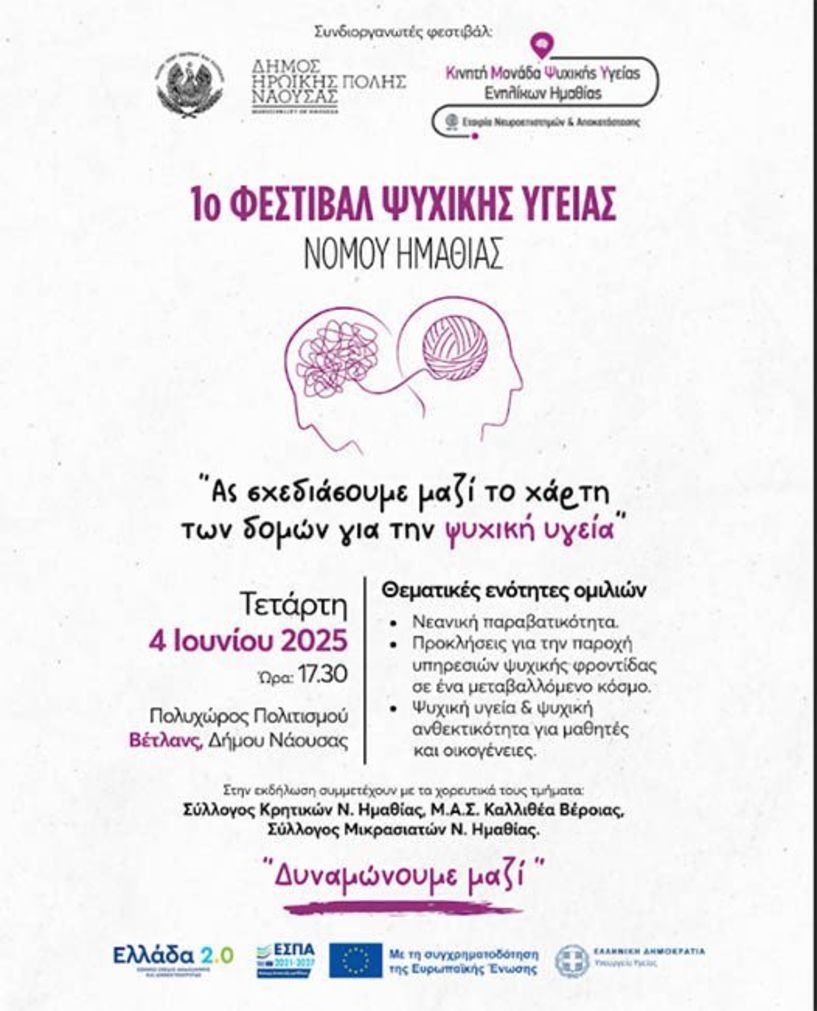 1ο Φεστιβάλ Ψυχικής Υγείας Ν. Ημαθίας   «Δυναμώνουμε Μαζί»   «Ας σχεδιάσουμε μαζί το χάρτη των δομών για την Ψυχική Υγεία»
