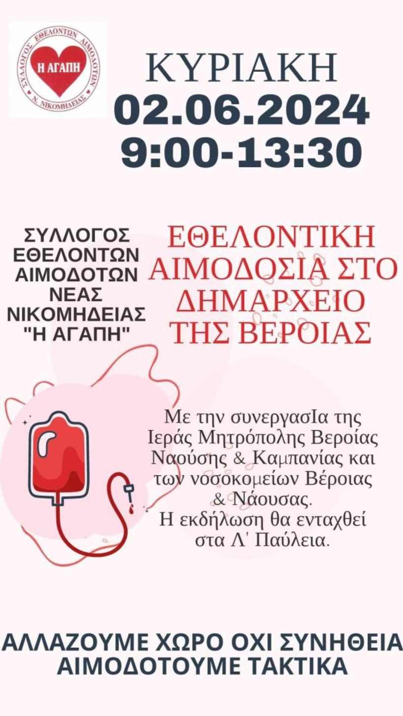 Πρόσκληση αιμοδοσίας από τον Σύλλογο Εθελοντών Αιμοδοτών Νέας Νικομήδειας 