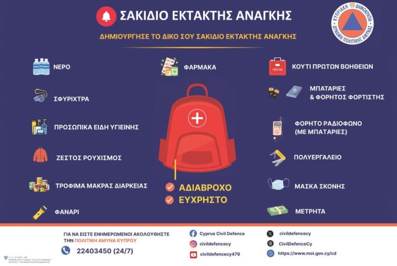 H Κύπρος καλεί τους πολίτες της να δημιουργήσουν σακίδιο έκτακτης ανάγκης