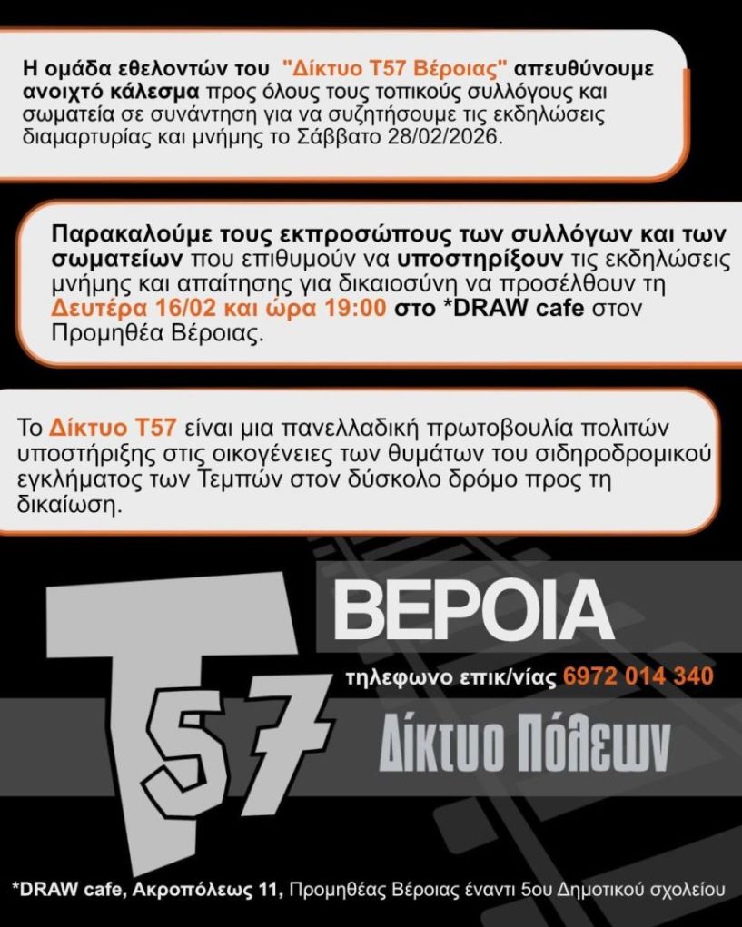 Δίκτυο T57 Βέροιας:  Κάλεσμα συλλόγων και τοπικών σωματείων για τον συντονισμό κοινών εκδηλώσεων μνήμης στα θύματα των Τεμπών