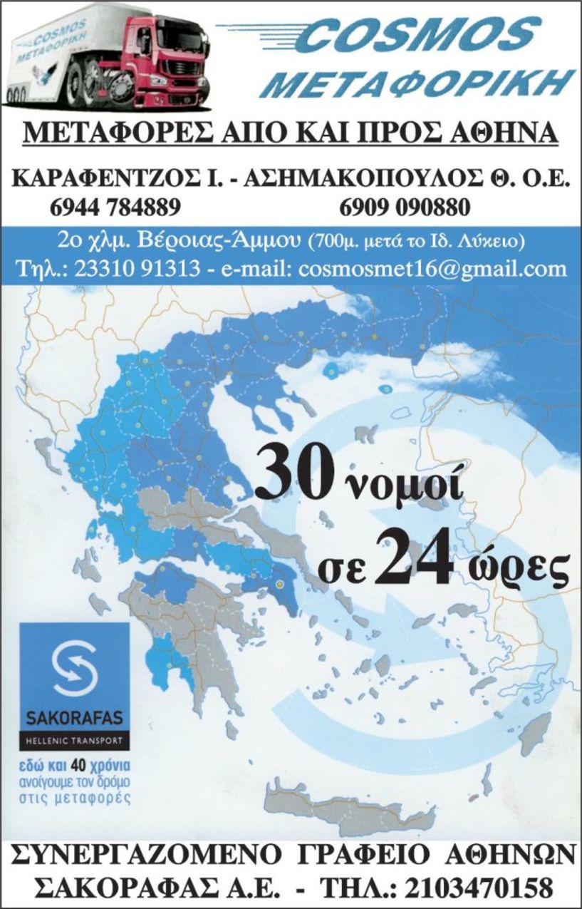 Ευχαριστήριο των Αετών Βέροιας για την εταιρία «COSMOS Μεταφορική»